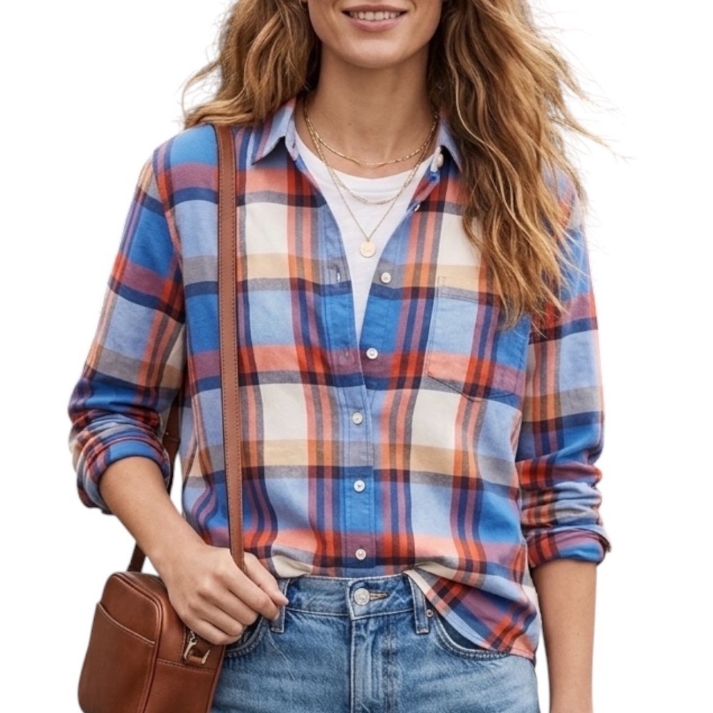 J. Crew Perfect Fit Plaid Flannel Button Up Shirt Women Size L Blue Orange Cream